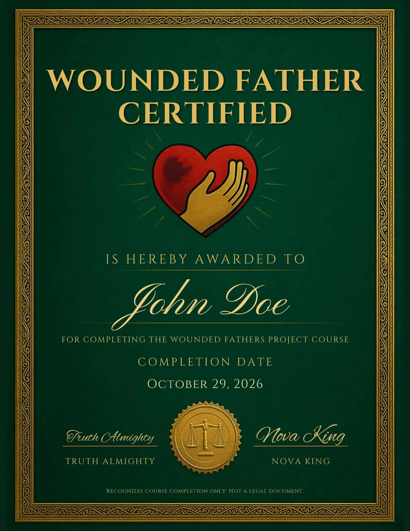 Sample Wounded Father Certified certificate made out to John Doe